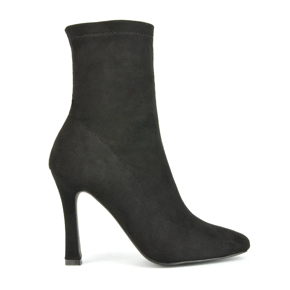 Ryan Pointed Toe Stiletto High Heels Sock Ankle Boots in Black Faux Suede sold by XYlondon product image thumbnail 2