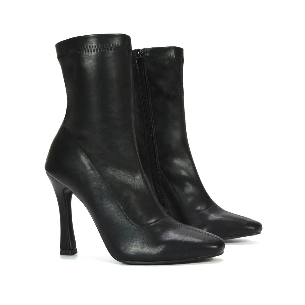 Ryan Pointed Toe Stiletto High Heels Sock Ankle Boots in Black Synthetic Leather sold by XYlondon