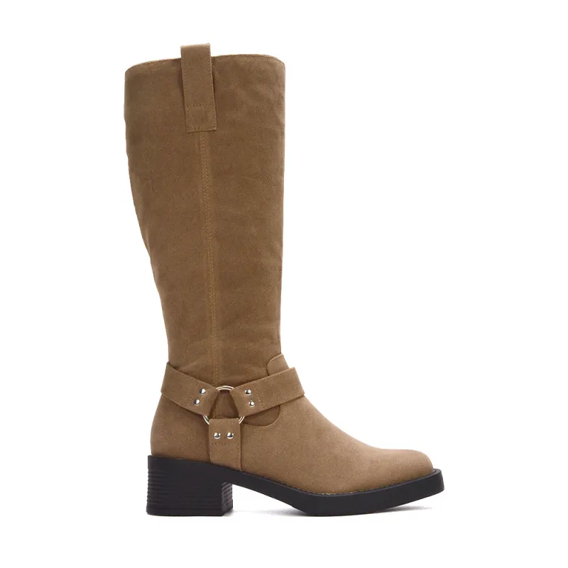 Roma Knee High Biker Block Heel Chunky Square Toe Western Boots in Taupe Faux Suede sold by XYlondon