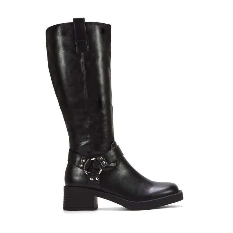 Roma Knee High Biker Block Heel Chunky Square Toe Western Boots in Black Synthetic Leather sold by XYlondon