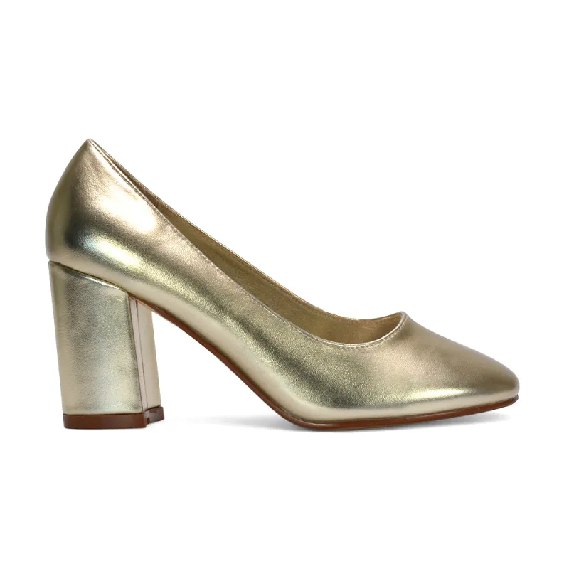 Gabby Round Toe Slip On Court Shoes Block High Heel in Gold Metallic sold by XYlondon
