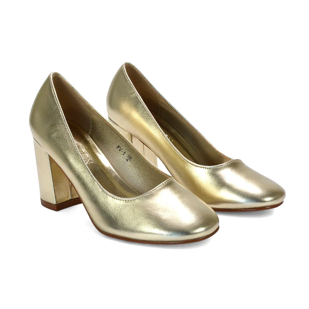 Gabby Round Toe Slip On Court Shoes Block High Heel in Gold Metallic sold by XYlondon product image thumbnail 5