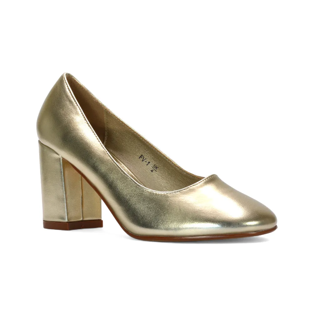 Gabby Round Toe Slip On Court Shoes Block High Heel in Gold Metallic sold by XYlondon product image thumbnail 2