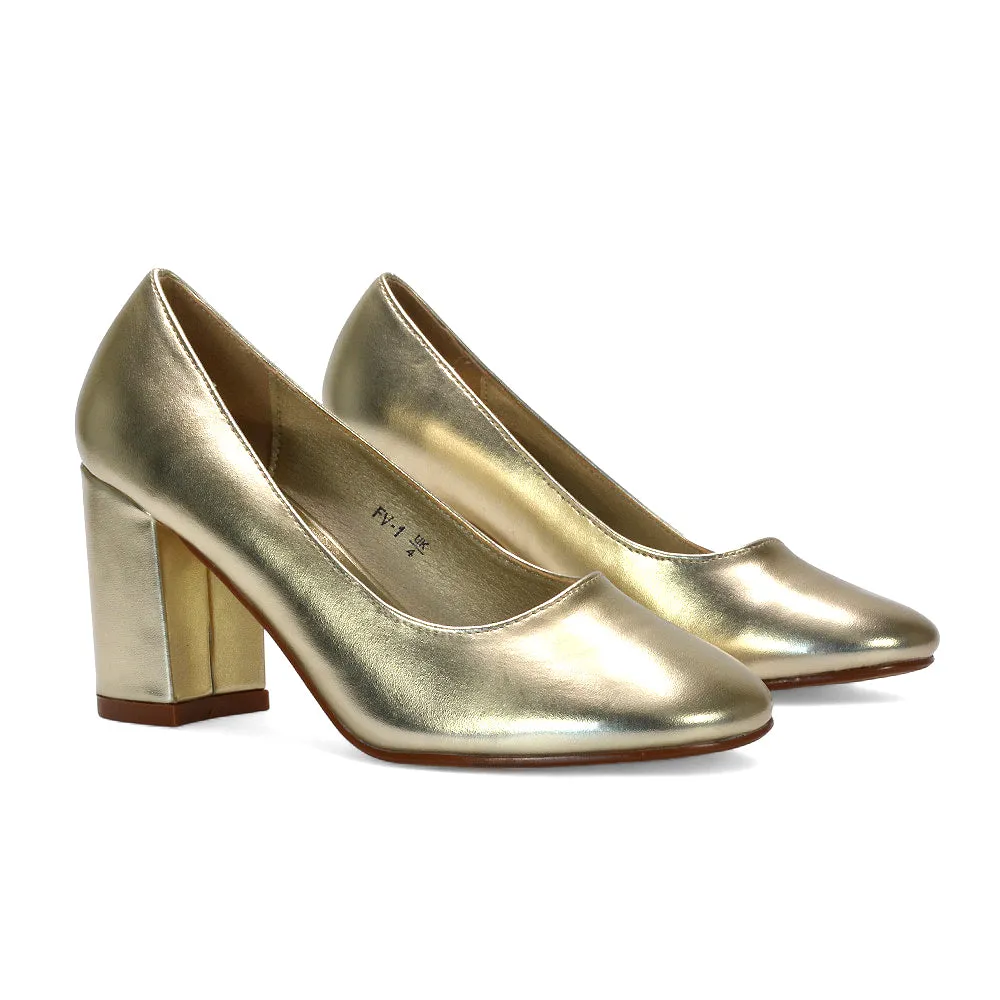 Gabby Round Toe Slip On Court Shoes Block High Heel in Gold Metallic sold by XYlondon product image thumbnail 3