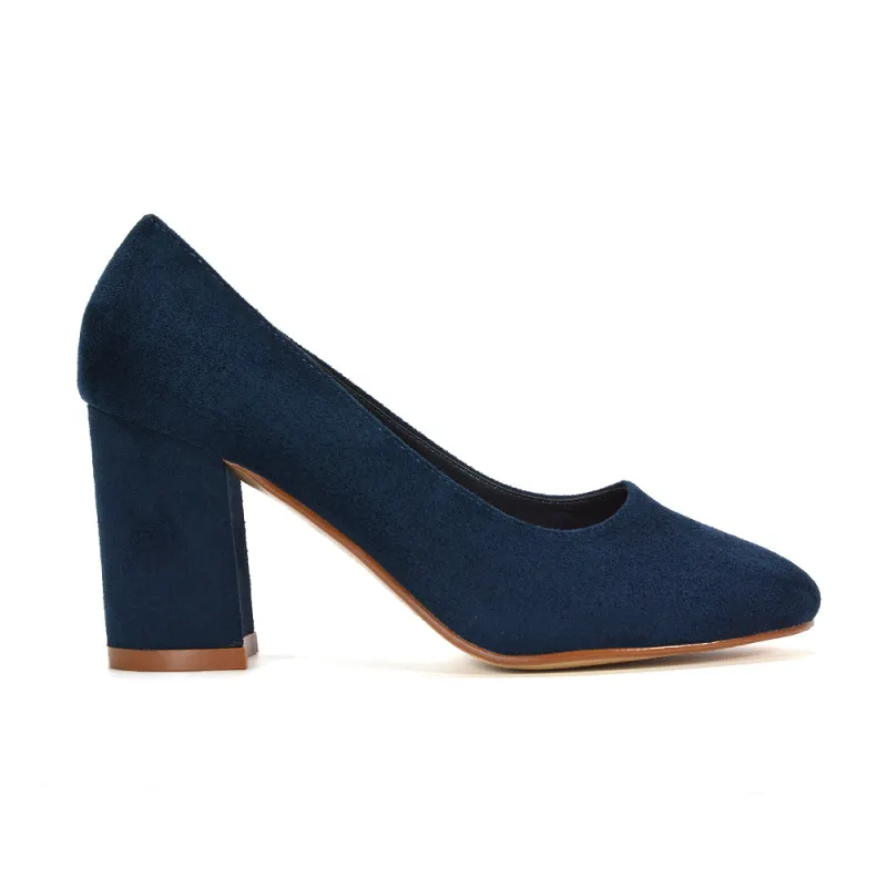 Gabby Round Toe Slip On Court Shoes Block High Heel in Navy Faux Suede sold by XYlondon