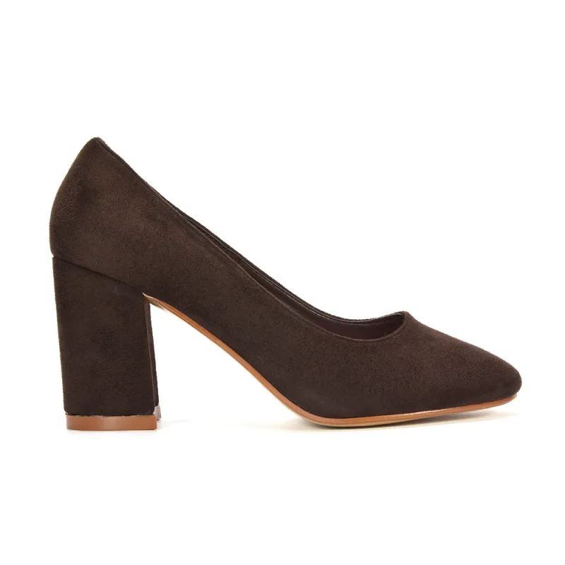 Gabby Round Toe Slip On Court Shoes Block High Heel in Brown Faux Suede sold by XYlondon