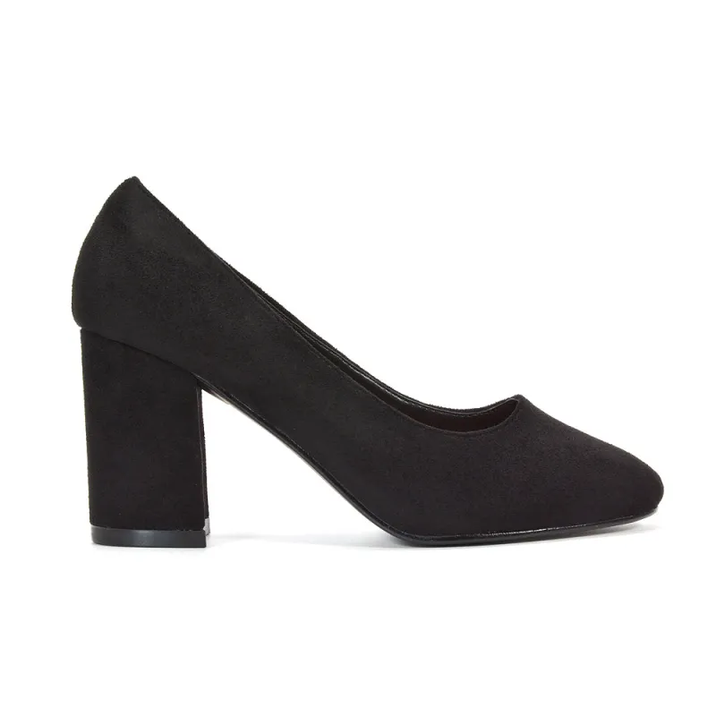 Gabby Round Toe Slip On Court Shoes Block High Heel in Black Faux Suede sold by XYlondon