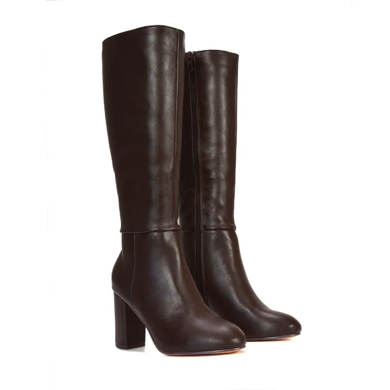 Maggie Knee High Block High Heeled Winter Long Boots in Brown Synthetic Leather sold by XYlondon