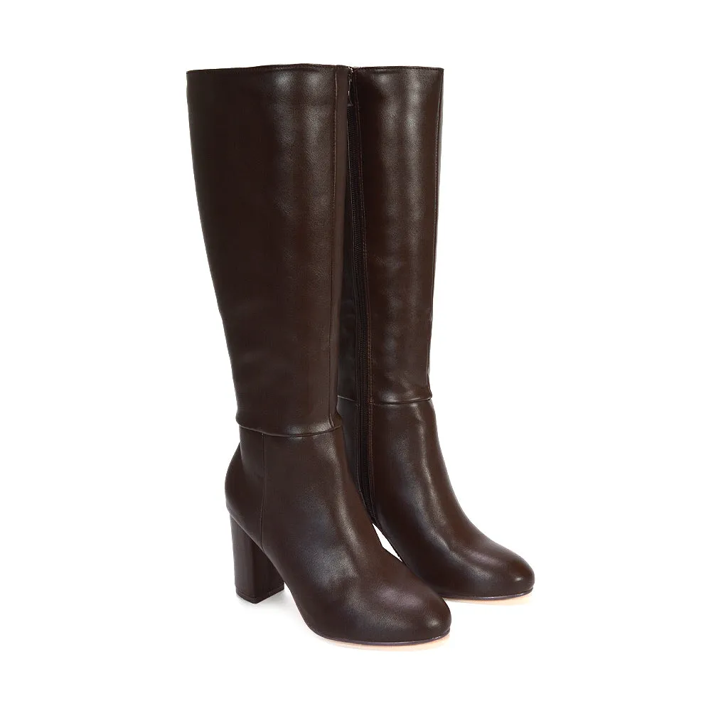 Maggie Knee High Block High Heeled Winter Long Boots in Brown Synthetic Leather sold by XYlondon product image thumbnail 3