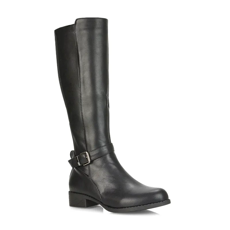 CAMERON BUCKLE STRAP LOW CHUNKY BLOCK HEEL KNEE HIGH RIDING BOOTS IN BLACK PU sold by XYlondon