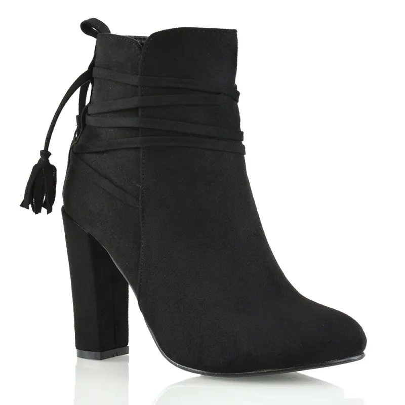 Jamie Tie up Tassel Detail Block High Heel Boots in Black Faux Suede sold by XYlondon