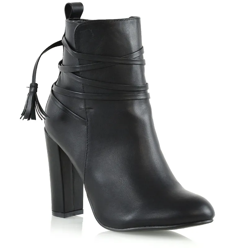 Jamie Tie up Tassel Detail Block High Heel Boots in Black Synthetic Leather sold by XYlondon