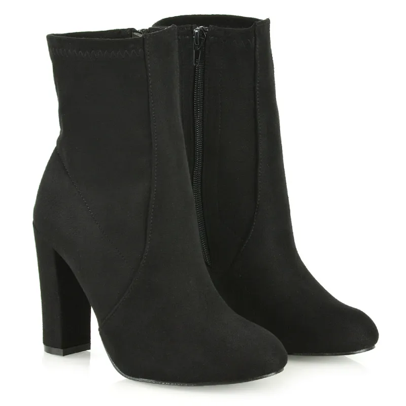 Margot Block High Heeled Zip-up Sock Ankle Boots in Black Faux Suede sold by XYlondon