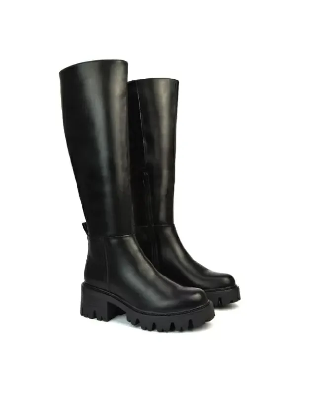 Aubree Chunky Platform Block Heel Knee High Biker Boots in Black Synthetic Leather sold by XYlondon