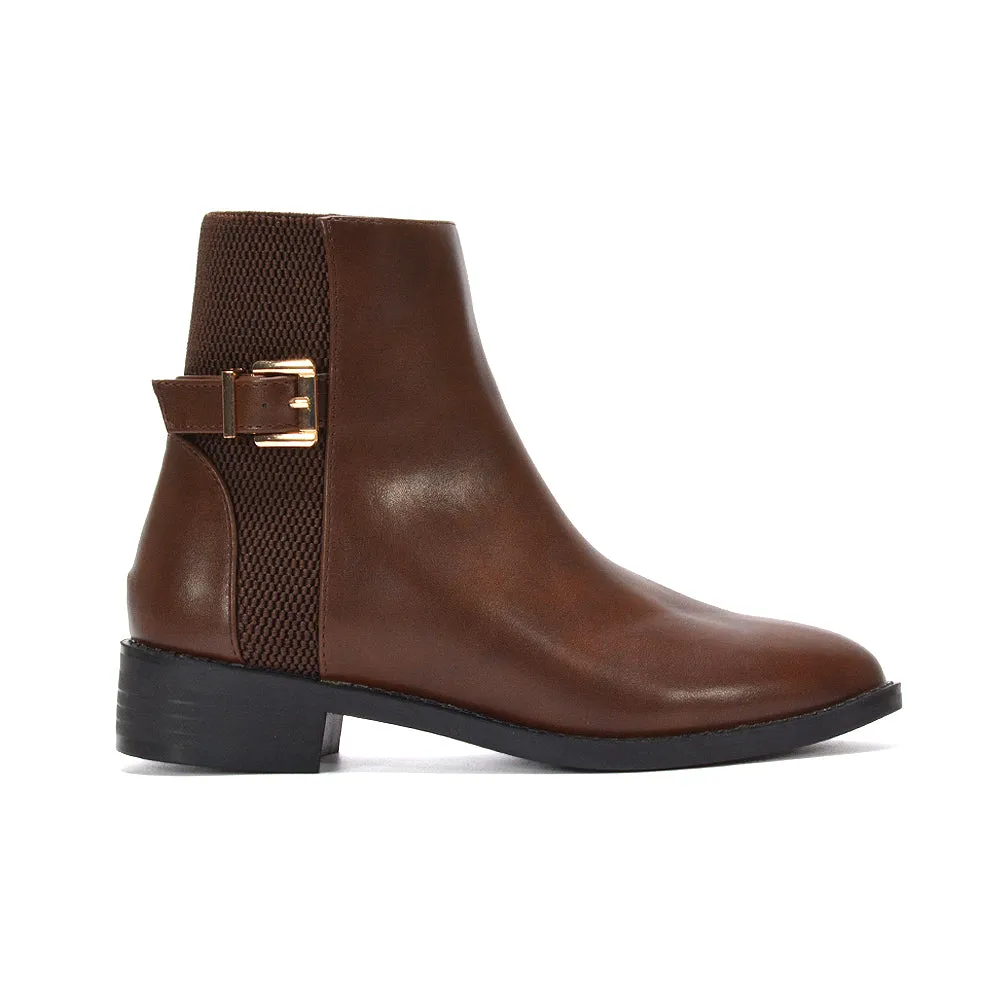Britney Block Heel Zip Up Chelsea Stretch Ankle Boots in Brown Synthetic Leather sold by XYlondon