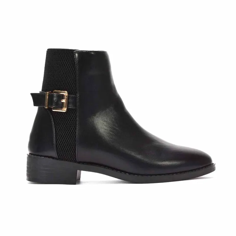 Britney Block Heel Zip Up Chelsea Stretch Ankle Boots in Black Synthetic Leather sold by XYlondon