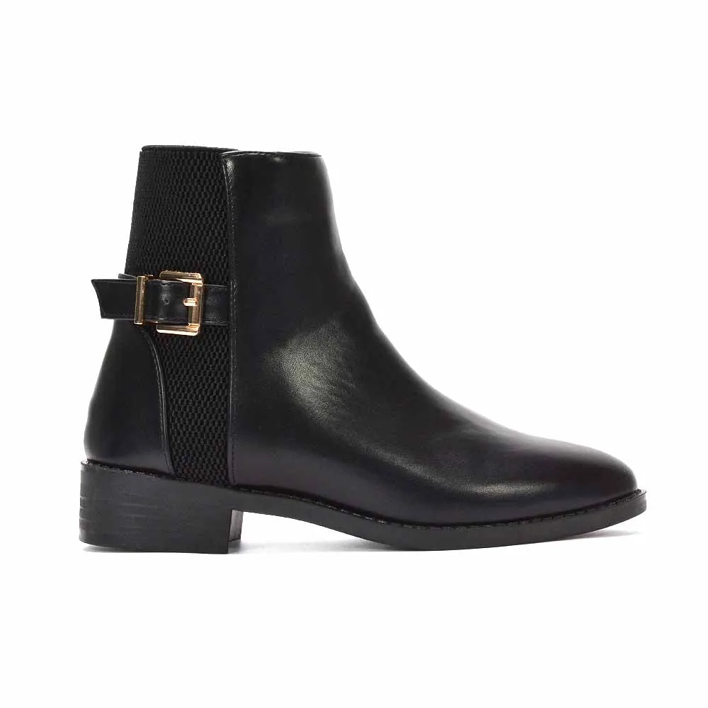 Britney Block Heel Zip Up Chelsea Stretch Ankle Boots in Black Synthetic Leather sold by XYlondon