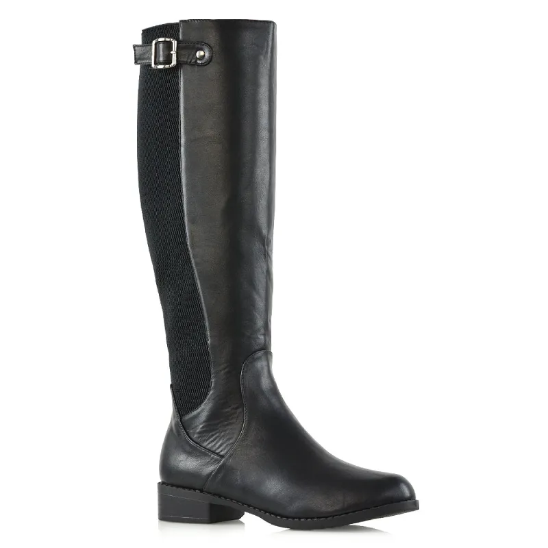 AMALIE ELASTICATED BUCKLE DETAIL FLAT KNEE HIGH BOOTS IN BLACK SYNTHETIC LEATHER sold by XYlondon