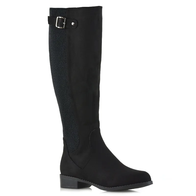 AMALIE ELASTICATED BUCKLE DETAIL FLAT KNEE HIGH BOOTS IN BLACK FAUX SUEDE sold by XYlondon