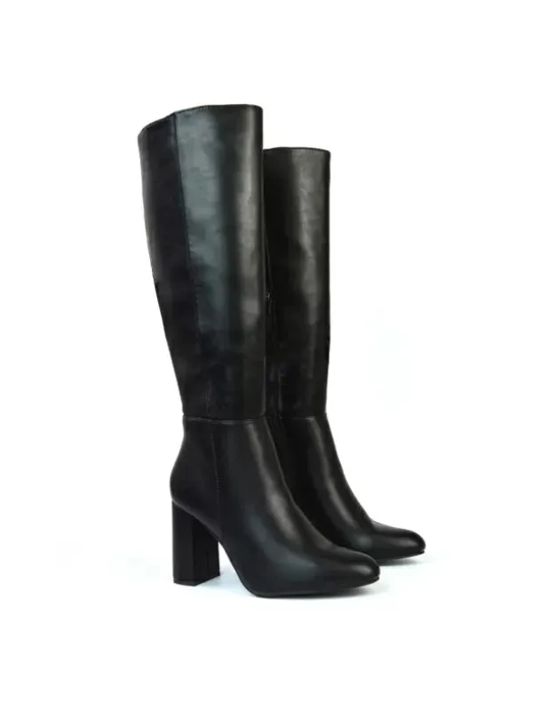Paityn Knee High Boots With Block High Heel in Black Synthetic Leather sold by XYlondon