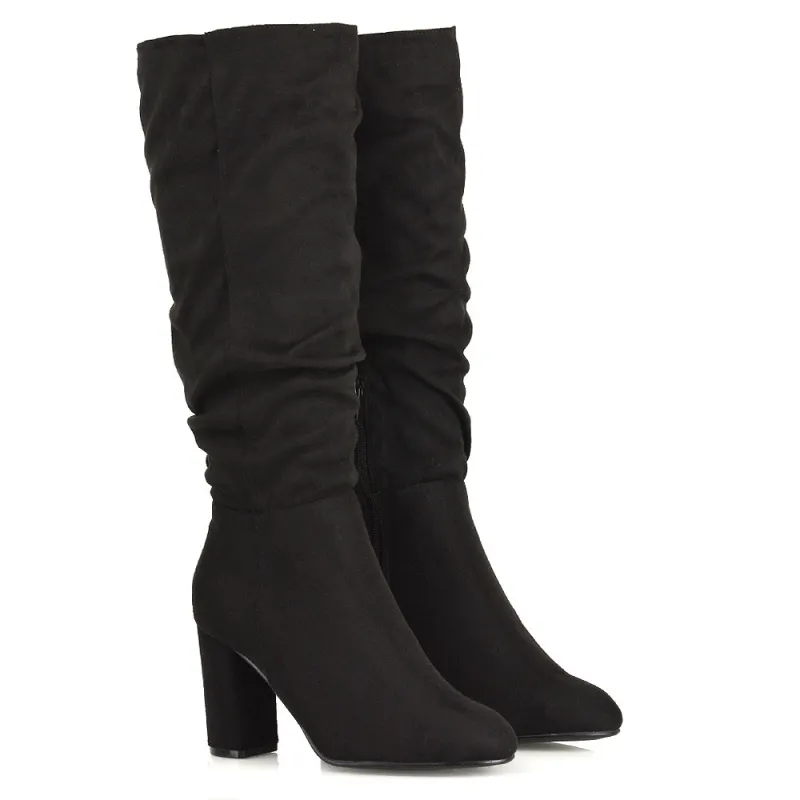 Alana Ruched Zip-up Winter Block Below the Knee High Heeled Long Boots in Black Faux Suede sold by XYlondon
