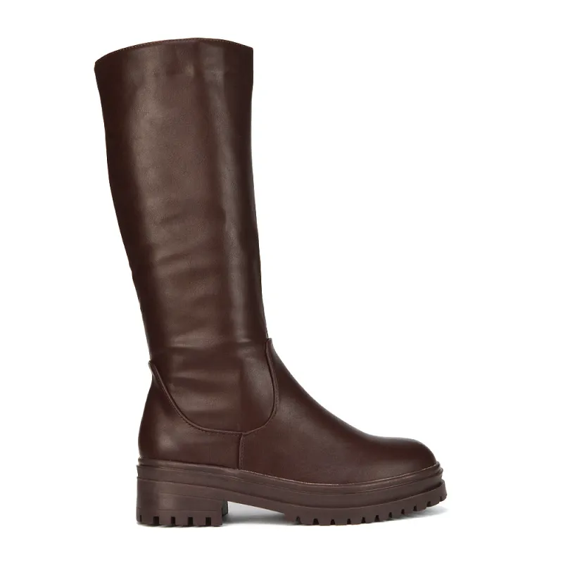 Maura Chunky Sole Low Block Heel Below The Knee Long Boots In Brown Synthetic Leather sold by XYlondon