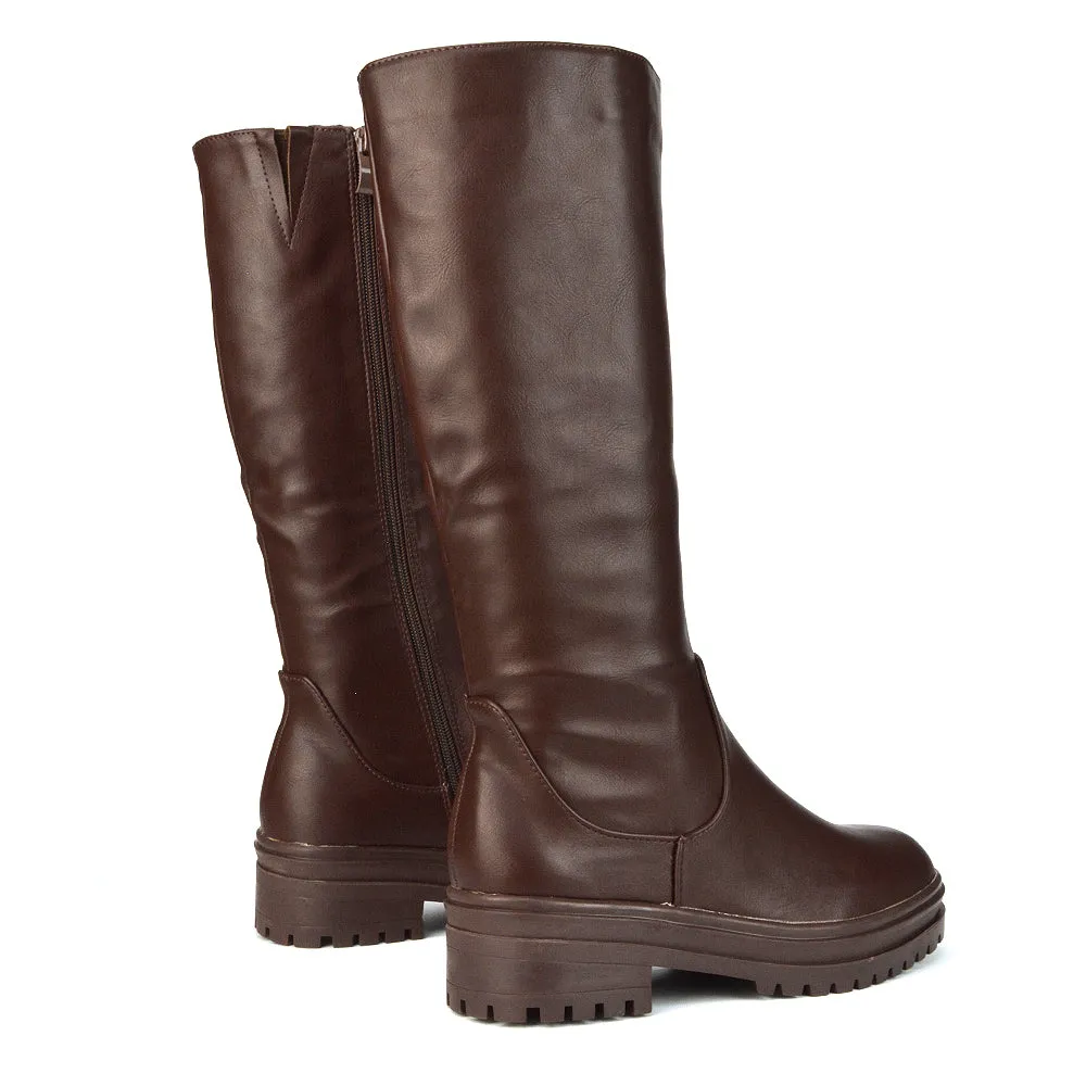 Maura Chunky Sole Low Block Heel Below The Knee Long Boots In Brown Synthetic Leather sold by XYlondon product image thumbnail 4