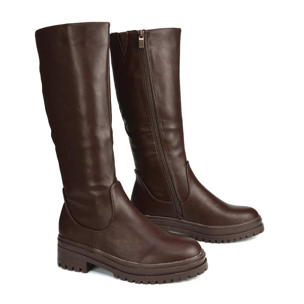Maura Chunky Sole Low Block Heel Below The Knee Long Boots In Brown Synthetic Leather sold by XYlondon product image thumbnail 3