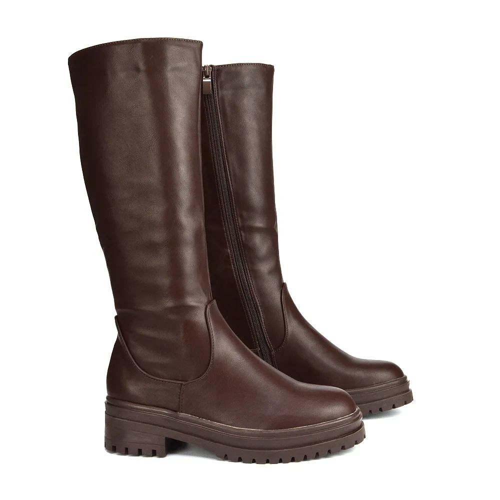 Maura Chunky Sole Low Block Heel Below The Knee Long Boots In Brown Synthetic Leather sold by XYlondon product image thumbnail 2