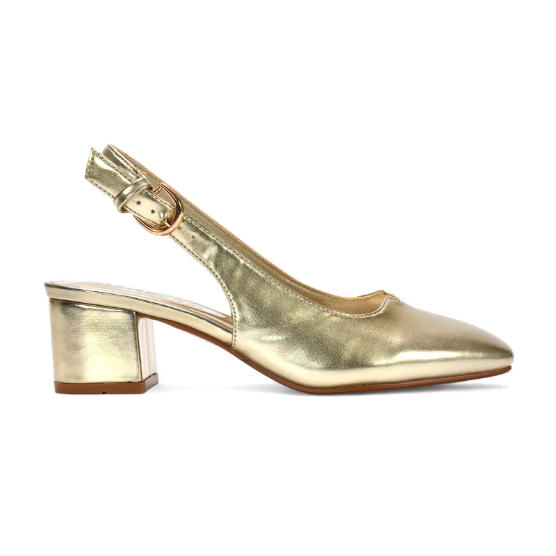 Georgia Slingback Court Shoe Square Toe Mid Block Heels in Gold Metallic sold by XYlondon