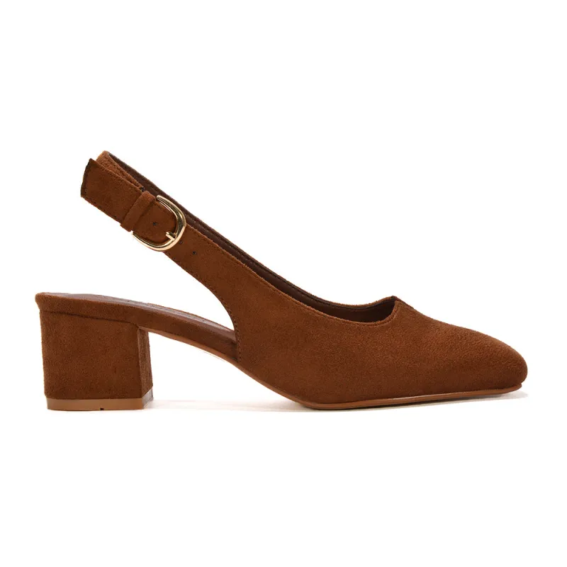 Georgia Slingback Court Shoe Square Toe Mid Block Heels in Brown Faux Suede sold by XYlondon
