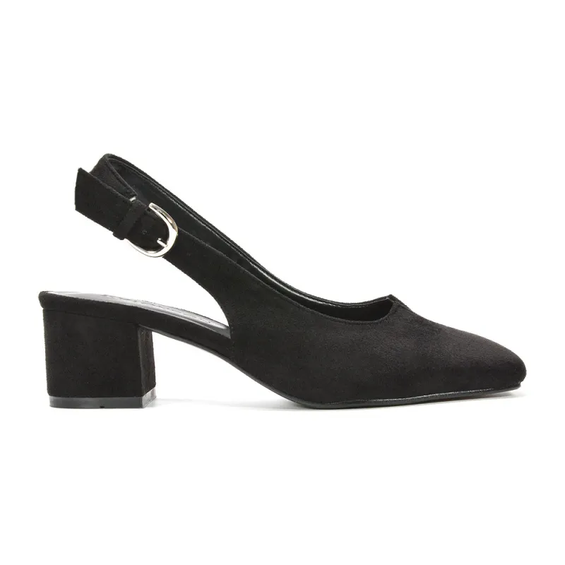 Georgia Slingback Court Shoe Square Toe Mid Block Heels in Black Faux Suede sold by XYlondon