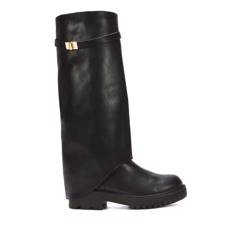 Scarlett Chunky Biker Fold Over Knee High Boots in Black Synthetic Leather sold by XYlondon