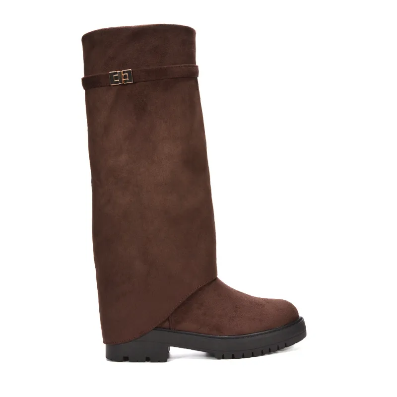 Scarlett Chunky Biker Fold Over Knee High Boots in Brown Faux Suede sold by XYlondon