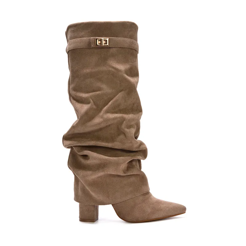 Stassie Block Heeled Fold Over Knee High Ruched Boots in Taupe Micro sold by XYlondon