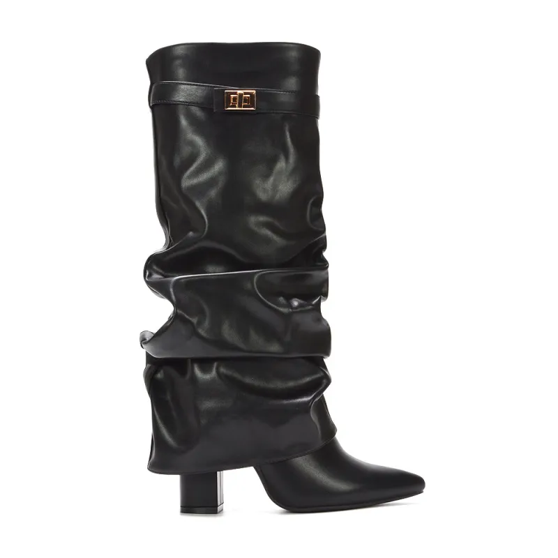 Stassie Block Heeled Fold Over Knee High Ruched Boots in Black Synthetic Leather sold by XYlondon