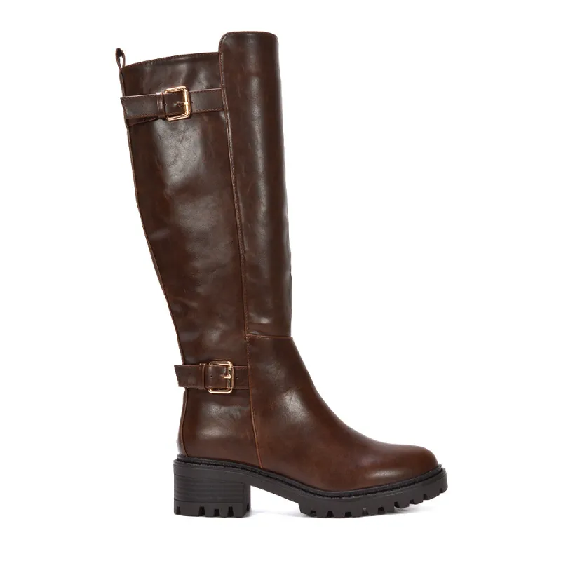 Hope Chunky Knee High Buckle Biker Boots in Brown Synthetic Leather sold by XYlondon