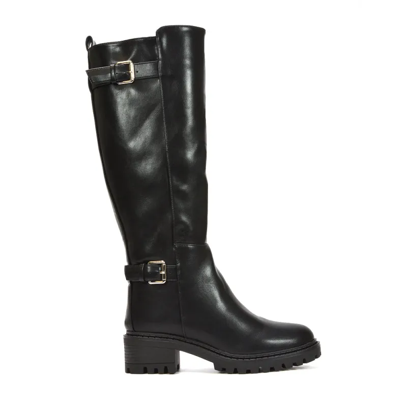 Hope Chunky Knee High Buckle Biker Boots in Black Synthetic Leather sold by XYlondon