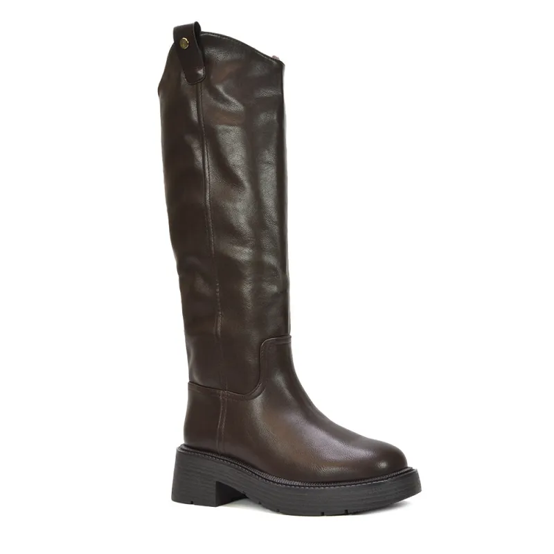 Isabella Knee High Biker Chunky Boots With Cosy Faux Fur Lining in Brown Synthetic Leather made by XYlondon
