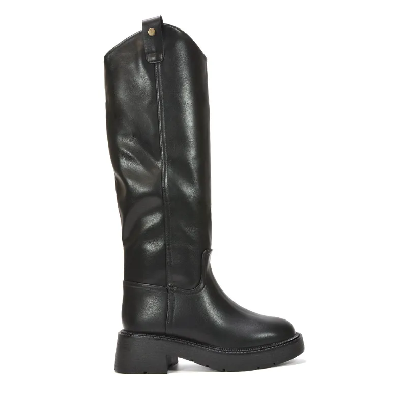 Isabella Knee High Biker Chunky Boots With Cosy Faux Fur Lining in Black Synthetic Leather made by XYlondon