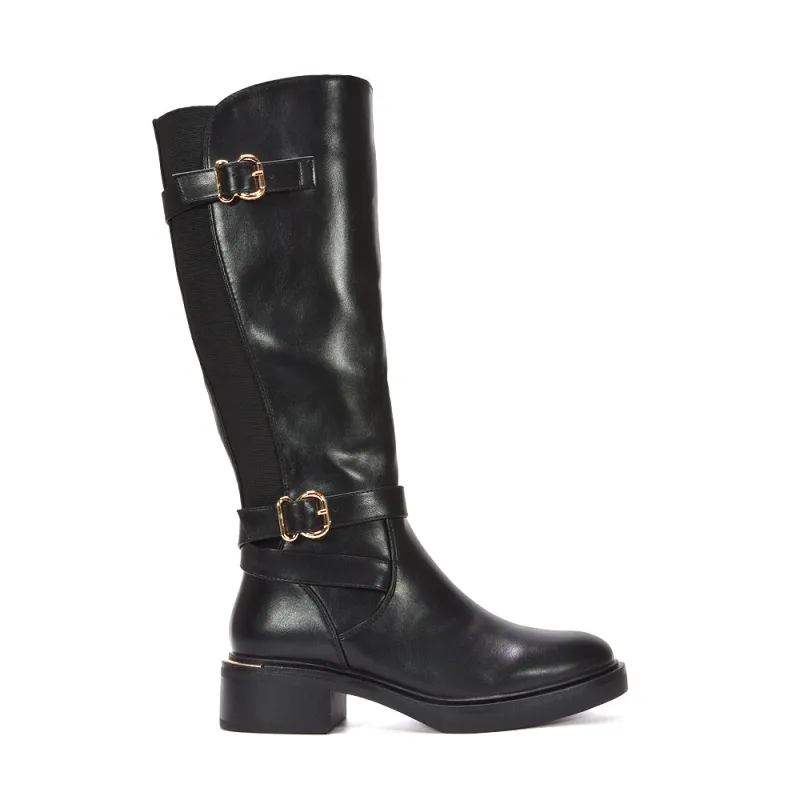 Tulisa Chunky Knee High Buckle Biker Boots in Black Synthetic Leather sold by XYlondon