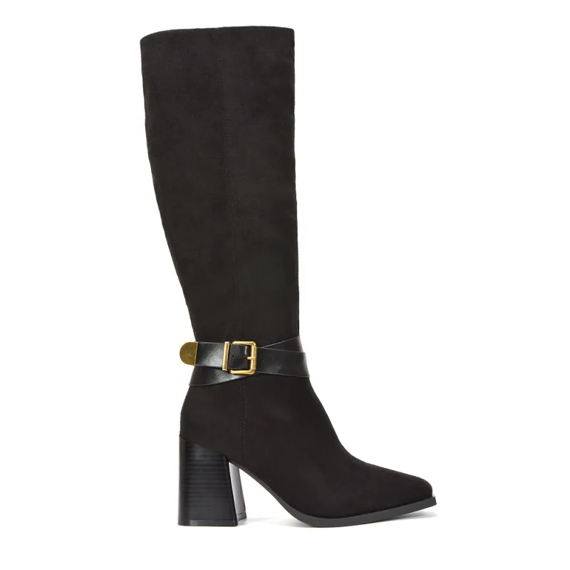 Roxi Square Toe Block High Heel Faux Suede Western Knee High Boots in Black Microfibre sold by XYlondon