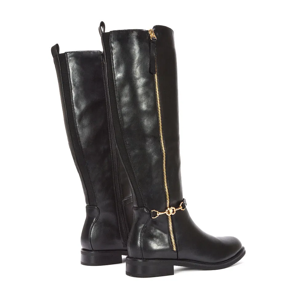 Codie Flat Knee High Riding Zip Up Long Boots in Black Synthetic Leather sold by XYlondon product image thumbnail 5