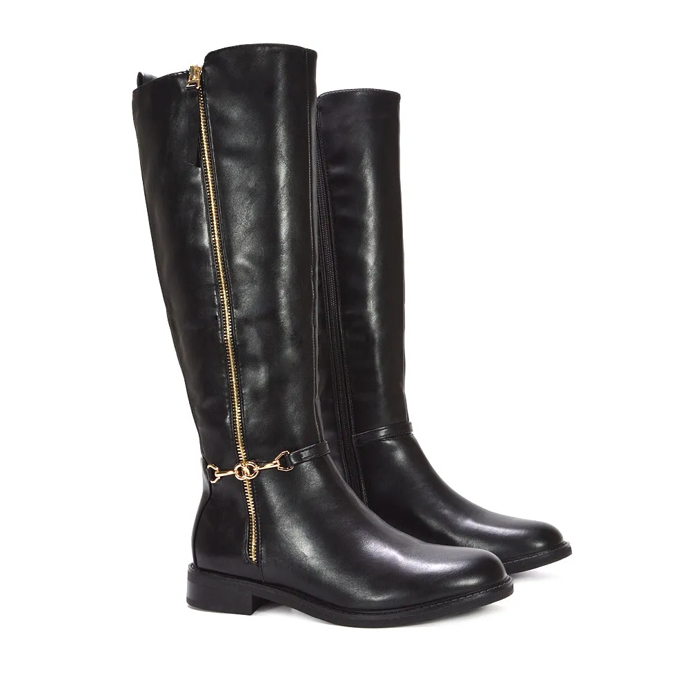 Codie Flat Knee High Riding Zip Up Long Boots in Black Synthetic Leather sold by XYlondon product image thumbnail 4