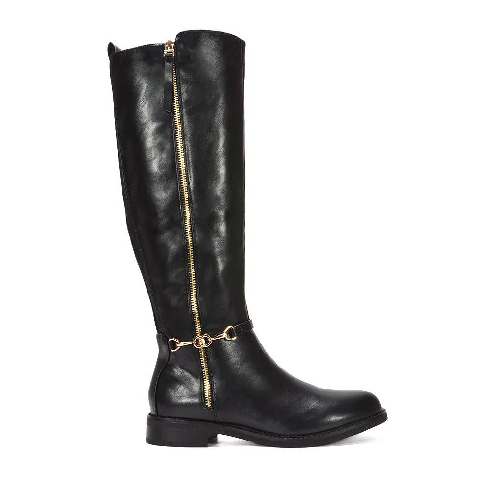 Codie Flat Knee High Riding Zip Up Long Boots in Black Synthetic Leather sold by XYlondon