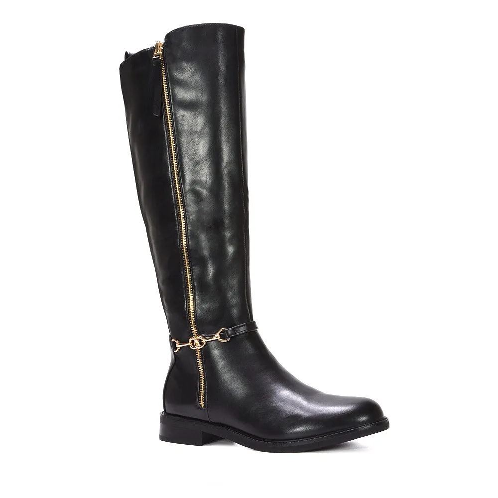 Codie Flat Knee High Riding Zip Up Long Boots in Black Synthetic Leather sold by XYlondon product image thumbnail 3