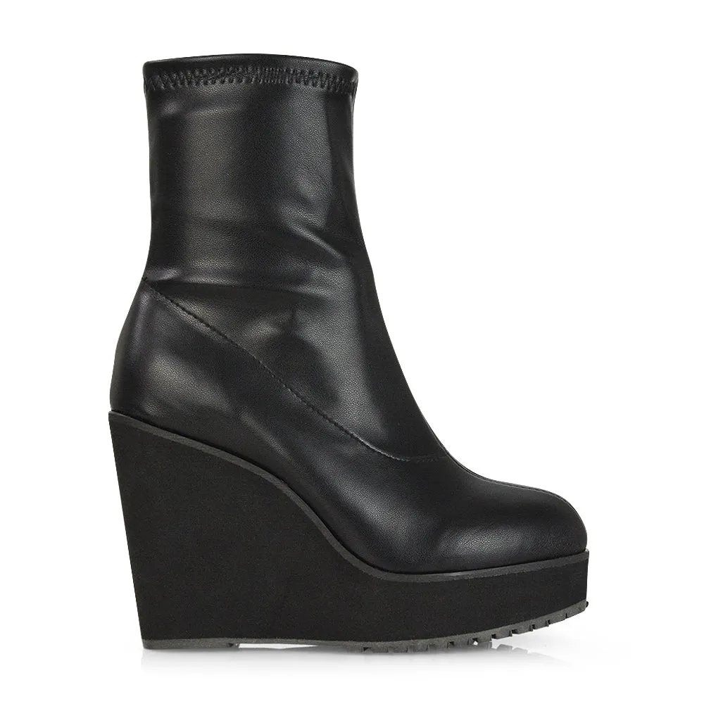 Athena Platform Wedge Heeled Sock Biker Ankle Boots in Black Synthetic Leather sold by XYlondon product image thumbnail 3