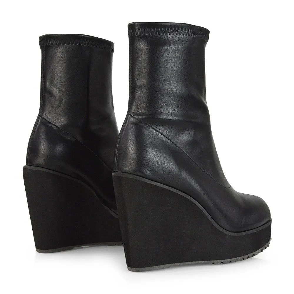 Athena Platform Wedge Heeled Sock Biker Ankle Boots in Black Synthetic Leather sold by XYlondon product image thumbnail 5