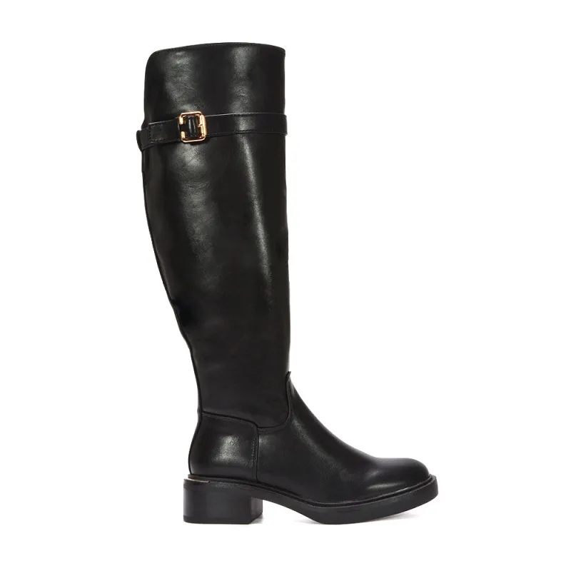 Poppy Knee High Chunky Biker Boots With Gold Detailing in Black Synthetic Leather sold by XYlondon