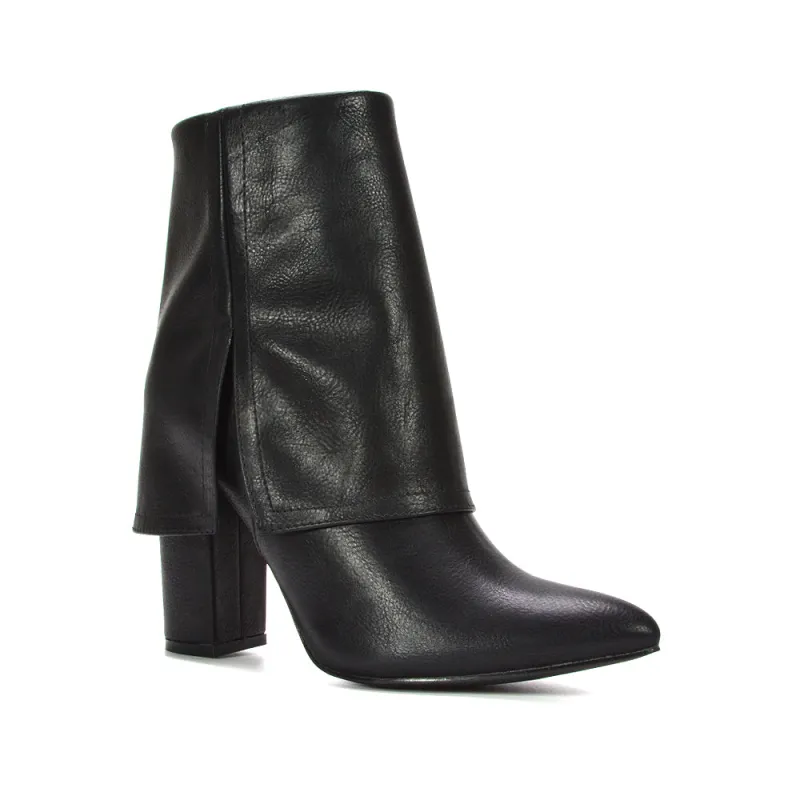 Ariana Block High Heel Fold Over Ankle Boots With Zip in Black Synthetic Leather sold by XYlondon